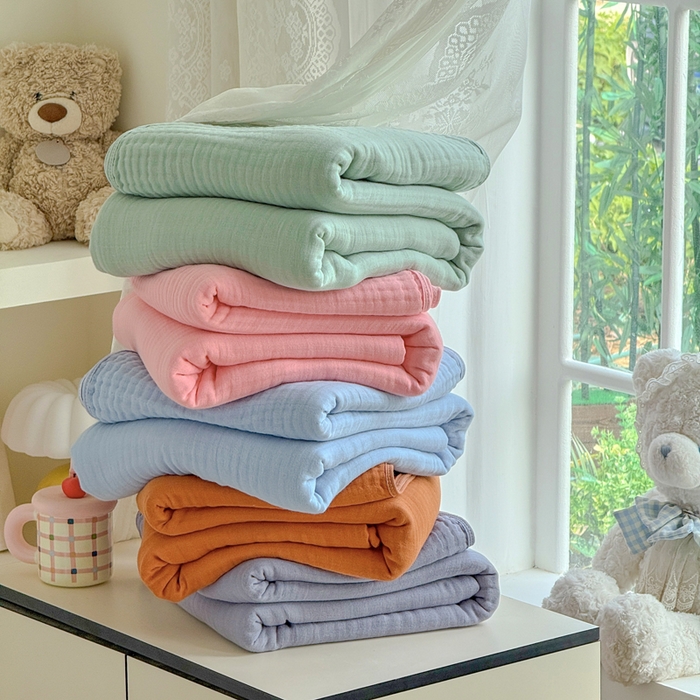 91家纺网 家纺一手货源 找家纺 （总）棠薇家纺 2025新款A类日韩无印风泡泡纱六层素色纯色盖毯毛巾被夏被皱皱毯婴幼毯浴巾