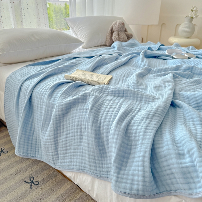 棠薇家纺 2025新款A类日韩无印风泡泡纱六层素色纯色盖毯毛巾被夏被皱皱毯婴幼毯浴巾 泡泡纱天蓝