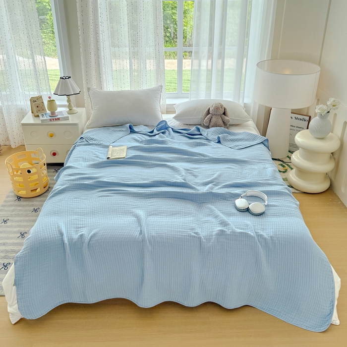 91家纺网 家纺一手货源 找家纺 棠薇家纺 2025新款A类日韩无印风泡泡纱六层素色纯色盖毯毛巾被夏被皱皱毯婴幼毯浴巾 泡泡纱天蓝