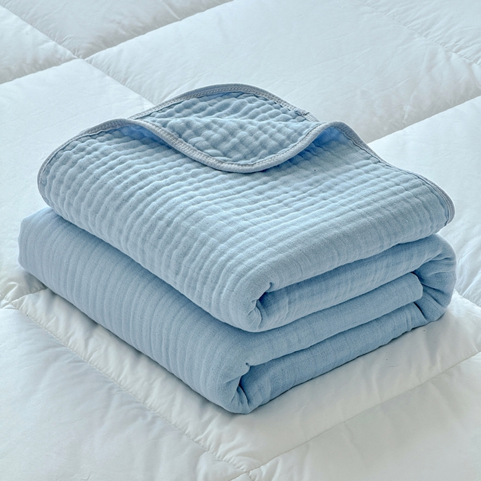 91家纺网 家纺一手货源 找家纺 棠薇家纺 2025新款A类日韩无印风泡泡纱六层素色纯色盖毯毛巾被夏被皱皱毯婴幼毯浴巾 泡泡纱天蓝