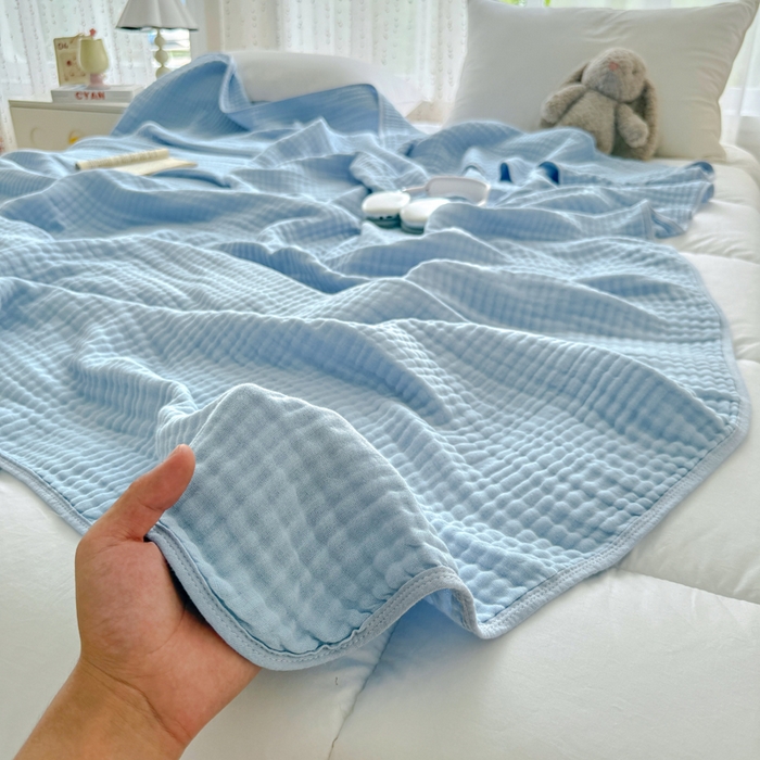 91家纺网 家纺一手货源 找家纺 棠薇家纺 2025新款A类日韩无印风泡泡纱六层素色纯色盖毯毛巾被夏被皱皱毯婴幼毯浴巾 泡泡纱天蓝