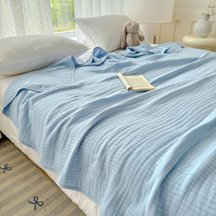 91家纺网 家纺一手货源 找家纺 棠薇家纺 2025新款A类日韩无印风泡泡纱六层素色纯色盖毯毛巾被夏被皱皱毯婴幼毯浴巾 泡泡纱天蓝