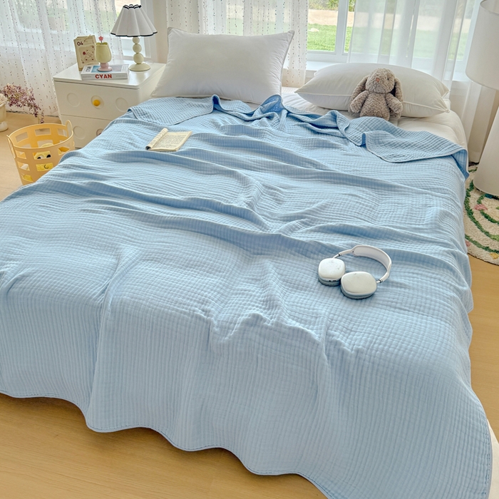 91家纺网 家纺一手货源 找家纺 棠薇家纺 2025新款A类日韩无印风泡泡纱六层素色纯色盖毯毛巾被夏被皱皱毯婴幼毯浴巾 泡泡纱天蓝