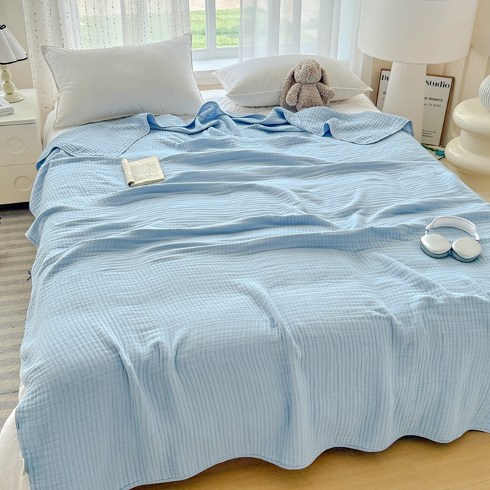 91家纺网 家纺一手货源 找家纺 棠薇家纺 2025新款A类日韩无印风泡泡纱六层素色纯色盖毯毛巾被夏被皱皱毯婴幼毯浴巾 泡泡纱天蓝