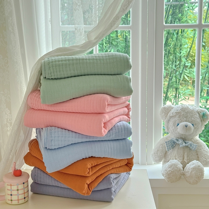 91家纺网 家纺一手货源 找家纺 棠薇家纺 2025新款A类日韩无印风泡泡纱六层素色纯色盖毯毛巾被夏被皱皱毯婴幼毯浴巾 组合图仅做展示