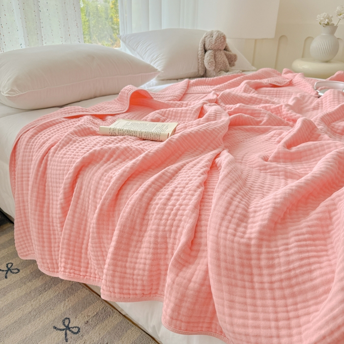 棠薇家纺 2025新款A类日韩无印风泡泡纱六层素色纯色盖毯毛巾被夏被皱皱毯婴幼毯浴巾 泡泡纱桃粉