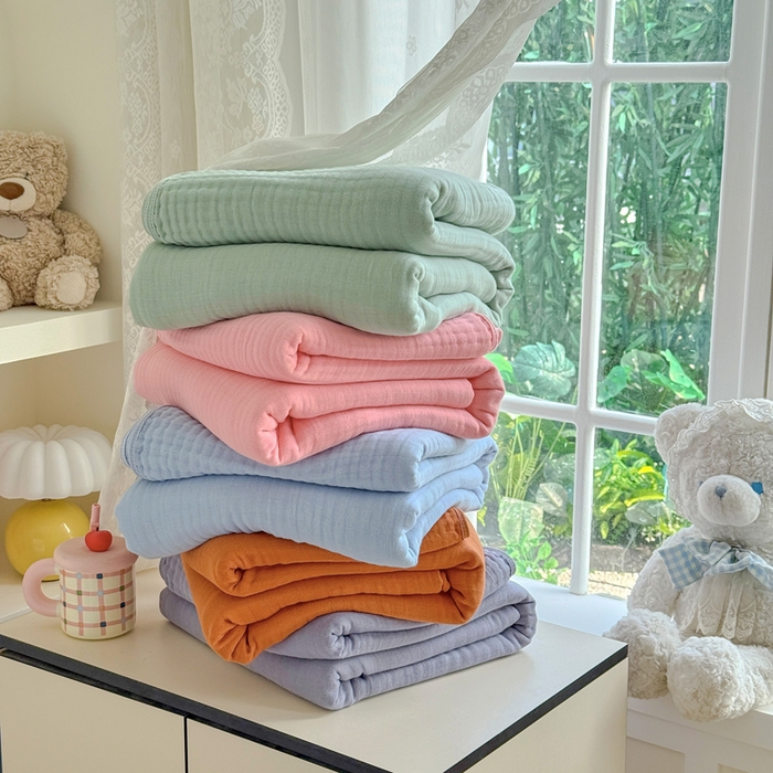 91家纺网 家纺一手货源 找家纺 棠薇家纺 2025新款A类日韩无印风泡泡纱六层素色纯色盖毯毛巾被夏被皱皱毯婴幼毯浴巾 组合图仅做展示