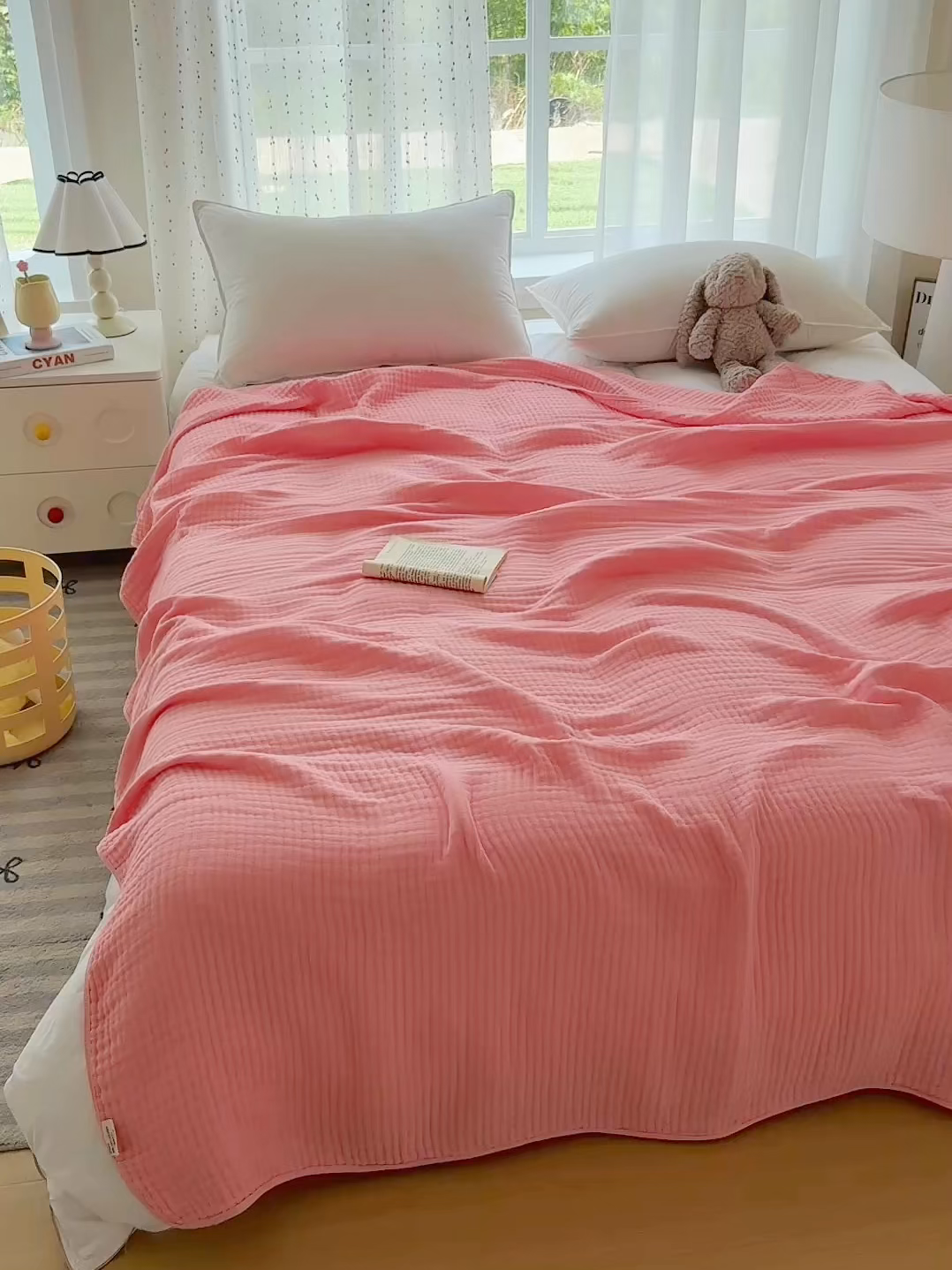 91家纺网 家纺一手货源 找家纺 棠薇家纺 2025新款A类日韩无印风泡泡纱六层素色纯色盖毯毛巾被夏被皱皱毯婴幼毯浴巾 泡泡纱桃粉