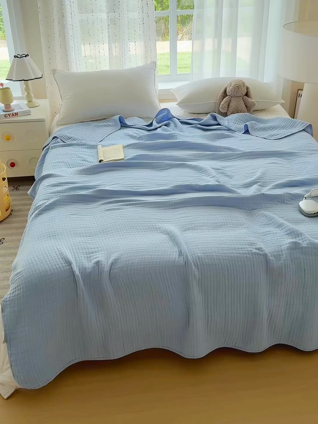 91家纺网 家纺一手货源 找家纺 棠薇家纺 2025新款A类日韩无印风泡泡纱六层素色纯色盖毯毛巾被夏被皱皱毯婴幼毯浴巾 泡泡纱天蓝