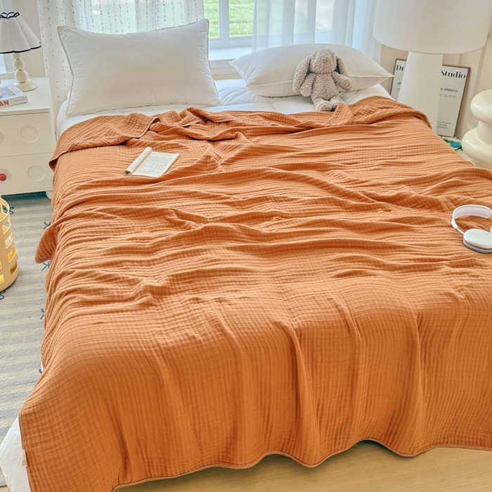 91家纺网 家纺一手货源 找家纺 棠薇家纺 2025新款A类日韩无印风泡泡纱六层素色纯色盖毯毛巾被夏被皱皱毯婴幼毯浴巾 泡泡纱焦糖色