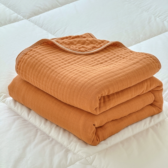 91家纺网 家纺一手货源 找家纺 棠薇家纺 2025新款A类日韩无印风泡泡纱六层素色纯色盖毯毛巾被夏被皱皱毯婴幼毯浴巾 泡泡纱焦糖色