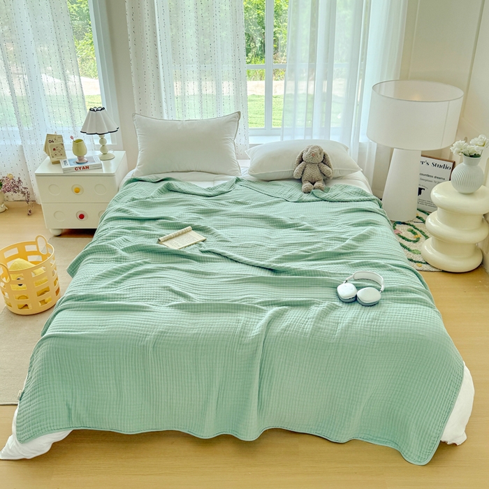 91家纺网 家纺一手货源 找家纺 棠薇家纺 2025新款A类日韩无印风泡泡纱六层素色纯色盖毯毛巾被夏被皱皱毯婴幼毯浴巾 泡泡纱豆绿