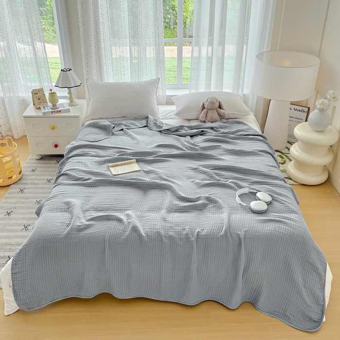 91家纺网 家纺一手货源 找家纺 棠薇家纺 2025新款A类日韩无印风泡泡纱六层素色纯色盖毯毛巾被夏被皱皱毯婴幼毯浴巾 泡泡纱雾蓝