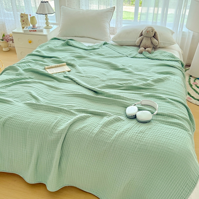 91家纺网 家纺一手货源 找家纺 棠薇家纺 2025新款A类日韩无印风泡泡纱六层素色纯色盖毯毛巾被夏被皱皱毯婴幼毯浴巾 泡泡纱豆绿