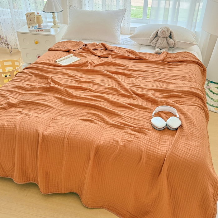 91家纺网 家纺一手货源 找家纺 棠薇家纺 2025新款A类日韩无印风泡泡纱六层素色纯色盖毯毛巾被夏被皱皱毯婴幼毯浴巾 泡泡纱焦糖色