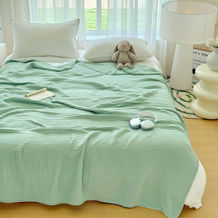 91家纺网 家纺一手货源 找家纺 棠薇家纺 2025新款A类日韩无印风泡泡纱六层素色纯色盖毯毛巾被夏被皱皱毯婴幼毯浴巾 泡泡纱豆绿