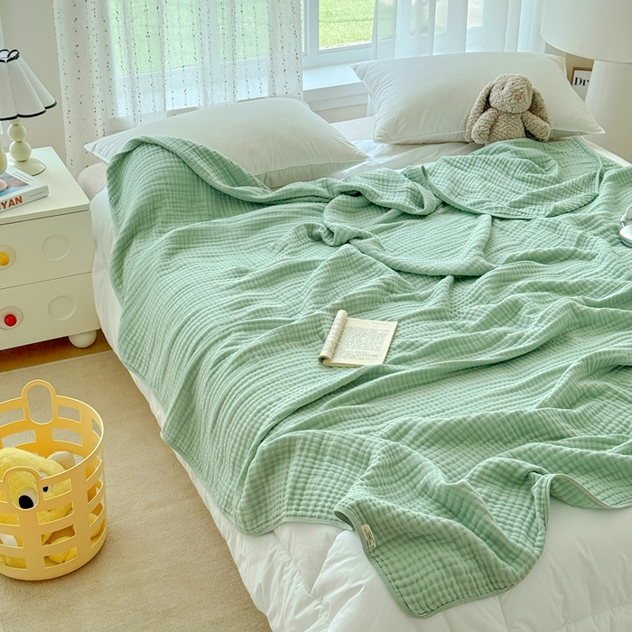 91家纺网 家纺一手货源 找家纺 棠薇家纺 2025新款A类日韩无印风泡泡纱六层素色纯色盖毯毛巾被夏被皱皱毯婴幼毯浴巾 泡泡纱豆绿