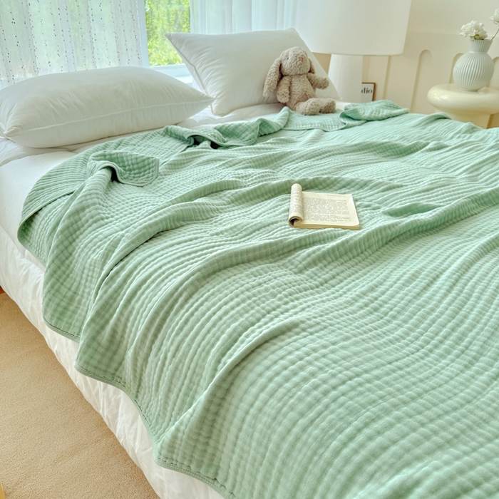 91家纺网 家纺一手货源 找家纺 棠薇家纺 2025新款A类日韩无印风泡泡纱六层素色纯色盖毯毛巾被夏被皱皱毯婴幼毯浴巾 泡泡纱豆绿