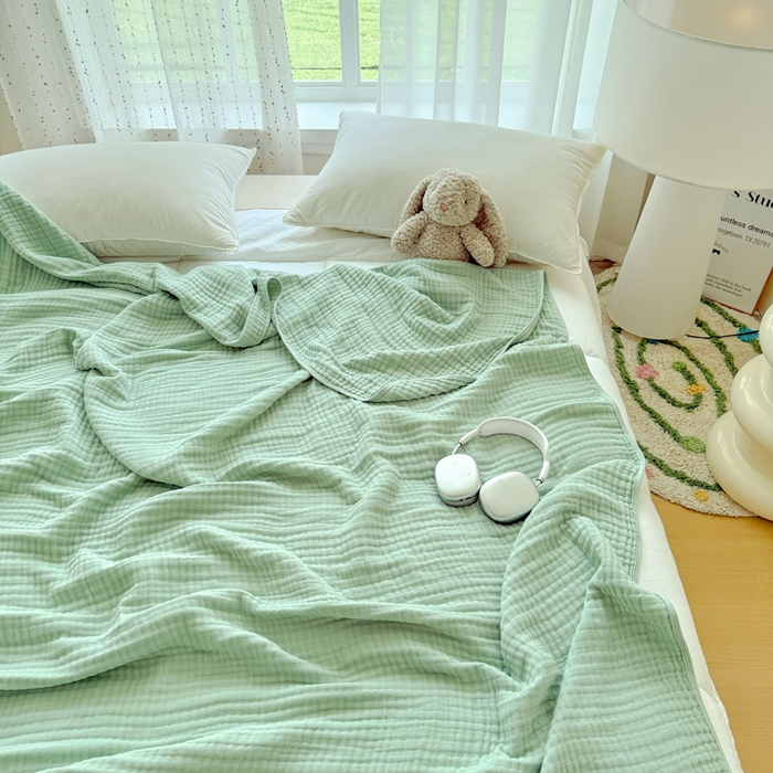 91家纺网 家纺一手货源 找家纺 棠薇家纺 2025新款A类日韩无印风泡泡纱六层素色纯色盖毯毛巾被夏被皱皱毯婴幼毯浴巾 泡泡纱豆绿