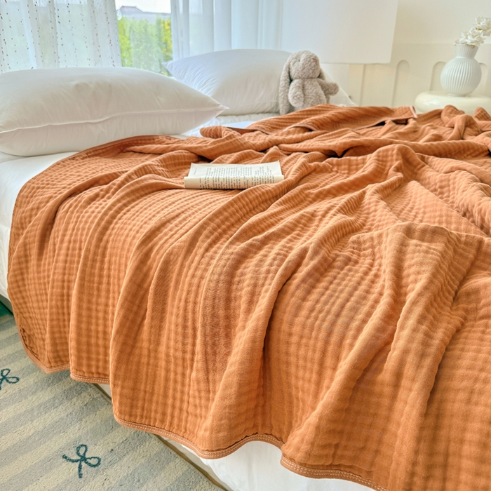 棠薇家纺 2025新款A类日韩无印风泡泡纱六层素色纯色盖毯毛巾被夏被皱皱毯婴幼毯浴巾 泡泡纱焦糖色