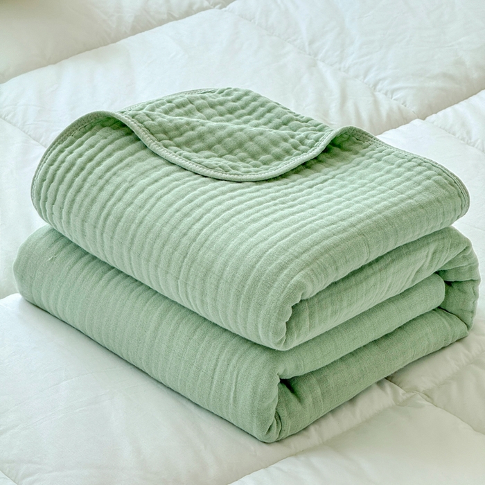 91家纺网 家纺一手货源 找家纺 棠薇家纺 2025新款A类日韩无印风泡泡纱六层素色纯色盖毯毛巾被夏被皱皱毯婴幼毯浴巾 泡泡纱豆绿