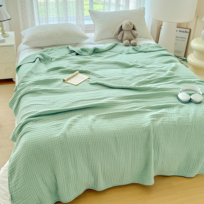 91家纺网 家纺一手货源 找家纺 棠薇家纺 2025新款A类日韩无印风泡泡纱六层素色纯色盖毯毛巾被夏被皱皱毯婴幼毯浴巾 泡泡纱豆绿