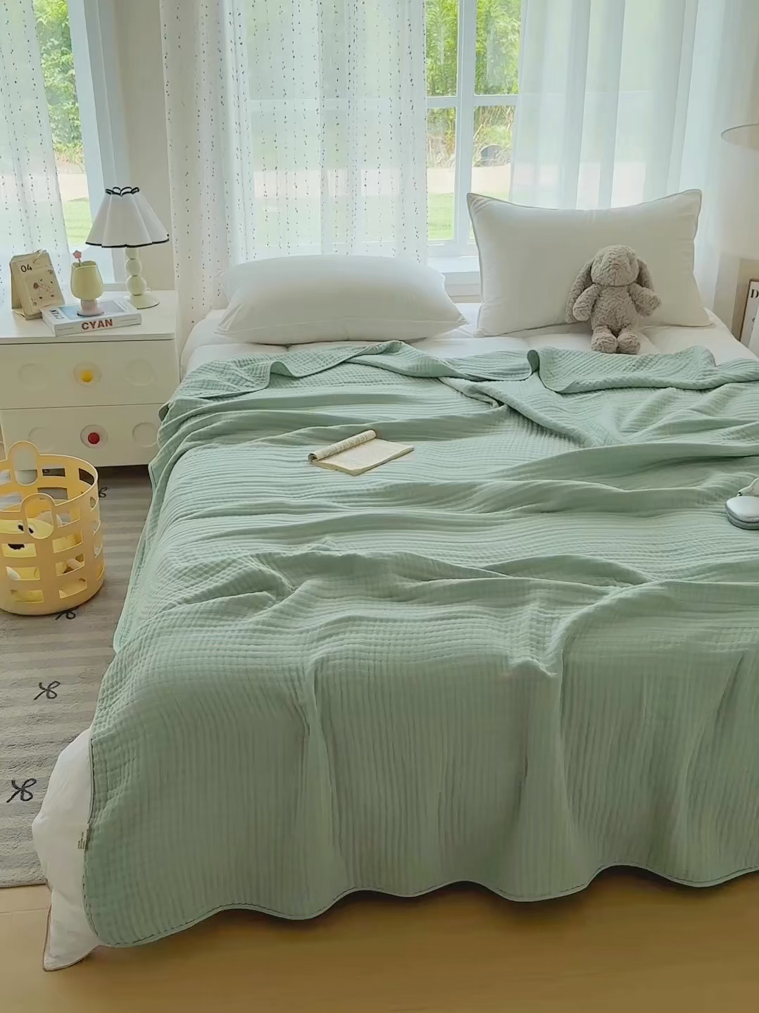 91家纺网 家纺一手货源 找家纺 棠薇家纺 2025新款A类日韩无印风泡泡纱六层素色纯色盖毯毛巾被夏被皱皱毯婴幼毯浴巾 泡泡纱豆绿