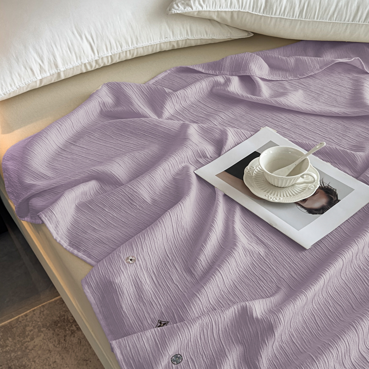 91家纺网 家纺一手货源 找家纺 乐嘉盈 2025新款双层纱布毯 香芋紫