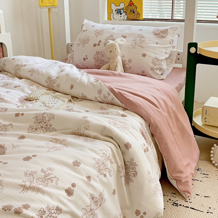 91家纺网 家纺一手货源 找家纺 海岛哥哥 2025新款云朵水洗棉学生床宿舍上下铺三件套 爱意浓