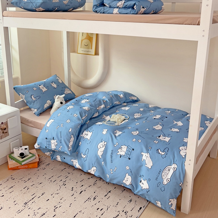 91家纺网 家纺一手货源 找家纺 海岛哥哥 2025新款云朵水洗棉学生床宿舍上下铺三件套 狗狗乐园