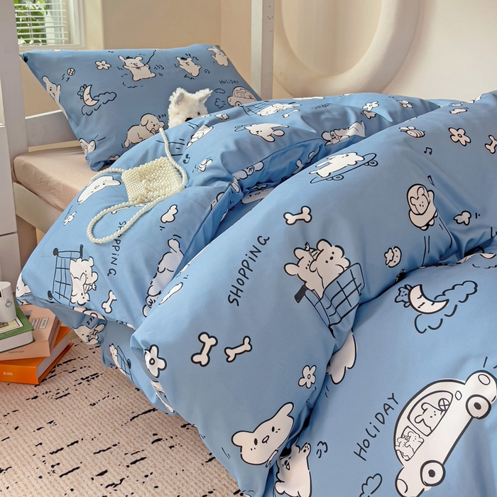 91家纺网 家纺一手货源 找家纺 海岛哥哥 2025新款云朵水洗棉学生床宿舍上下铺三件套 狗狗乐园