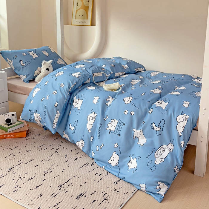 91家纺网 家纺一手货源 找家纺 海岛哥哥 2025新款云朵水洗棉学生床宿舍上下铺三件套 狗狗乐园