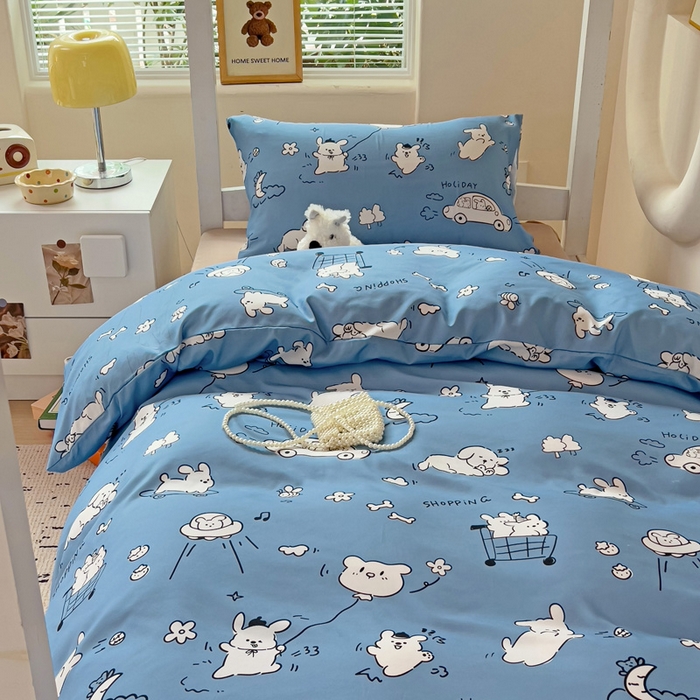 91家纺网 家纺一手货源 找家纺 海岛哥哥 2025新款云朵水洗棉学生床宿舍上下铺三件套 狗狗乐园