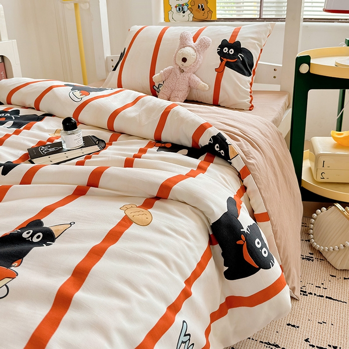 91家纺网 家纺一手货源 找家纺 海岛哥哥 2025新款云朵水洗棉学生床宿舍上下铺三件套 好运猫