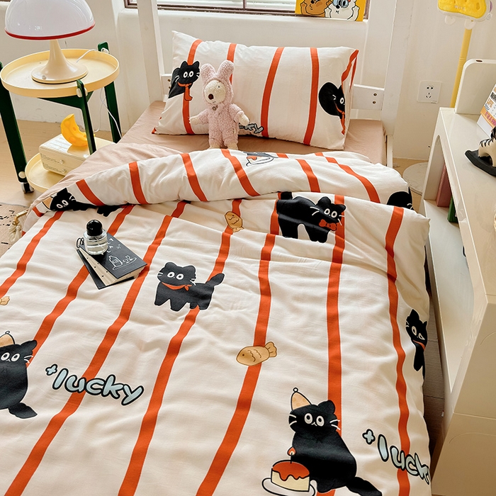 91家纺网 家纺一手货源 找家纺 海岛哥哥 2025新款云朵水洗棉学生床宿舍上下铺三件套 好运猫