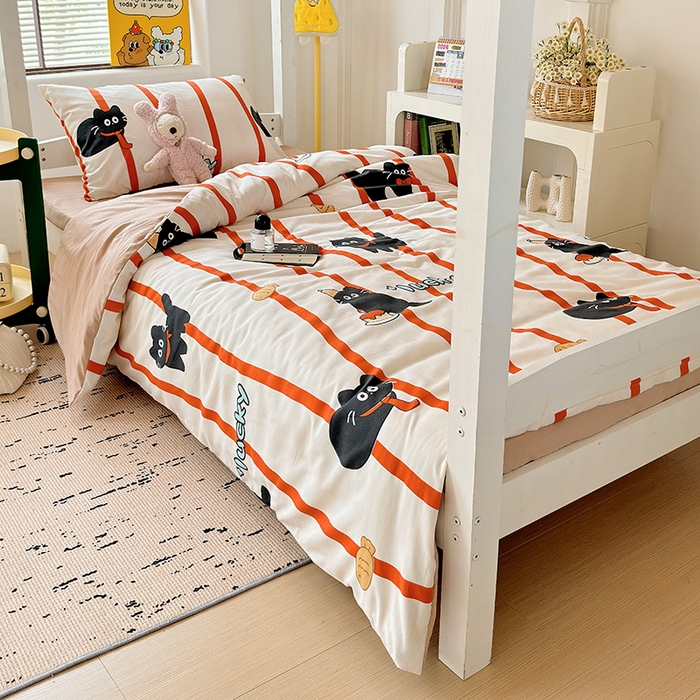 91家纺网 家纺一手货源 找家纺 海岛哥哥 2025新款云朵水洗棉学生床宿舍上下铺三件套 好运猫