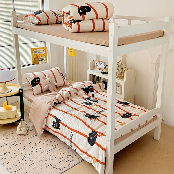 91家纺网 家纺一手货源 找家纺 海岛哥哥 2025新款云朵水洗棉学生床宿舍上下铺三件套 好运猫