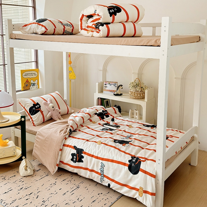 91家纺网 家纺一手货源 找家纺 海岛哥哥 2025新款云朵水洗棉学生床宿舍上下铺三件套 好运猫