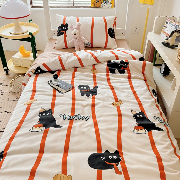 91家纺网 家纺一手货源 找家纺 海岛哥哥 2025新款云朵水洗棉学生床宿舍上下铺三件套 好运猫