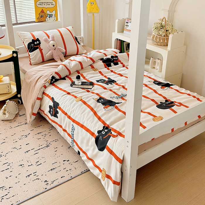 91家纺网 家纺一手货源 找家纺 海岛哥哥 2025新款云朵水洗棉学生床宿舍上下铺三件套 好运猫