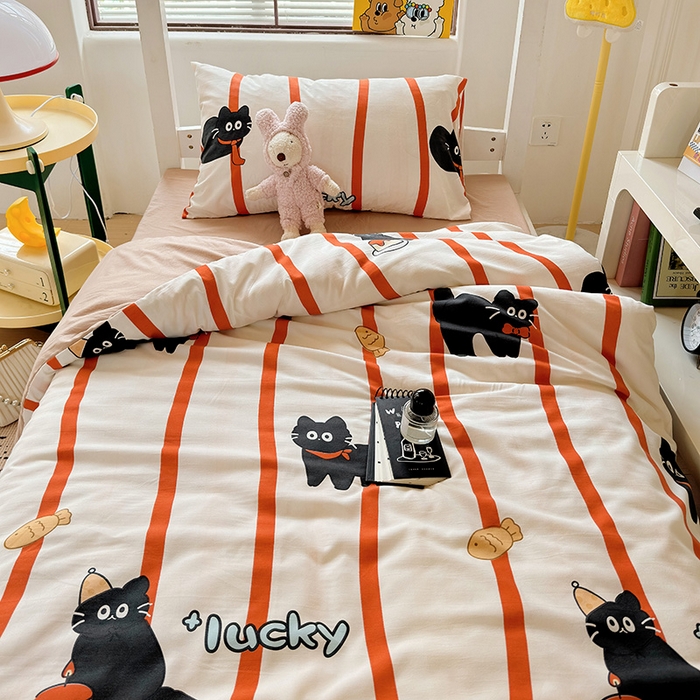 91家纺网 家纺一手货源 找家纺 海岛哥哥 2025新款云朵水洗棉学生床宿舍上下铺三件套 好运猫