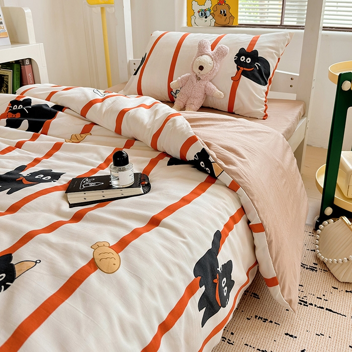 91家纺网 家纺一手货源 找家纺 海岛哥哥 2025新款云朵水洗棉学生床宿舍上下铺三件套 好运猫