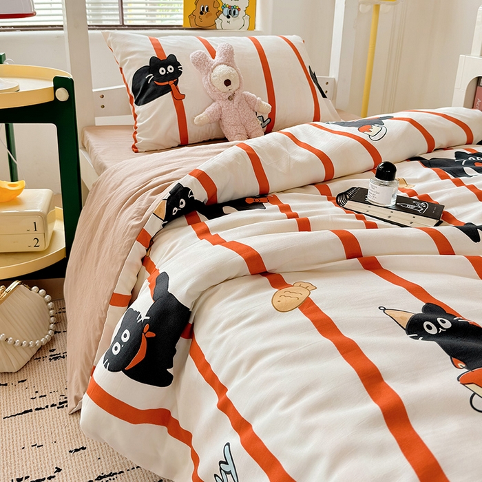 91家纺网 家纺一手货源 找家纺 海岛哥哥 2025新款云朵水洗棉学生床宿舍上下铺三件套 好运猫