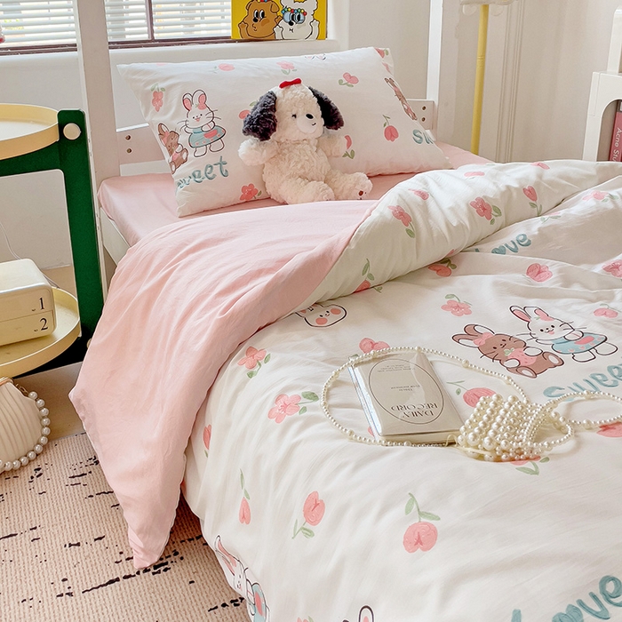 91家纺网 家纺一手货源 找家纺 海岛哥哥 2025新款云朵水洗棉学生床宿舍上下铺三件套 粉花兔