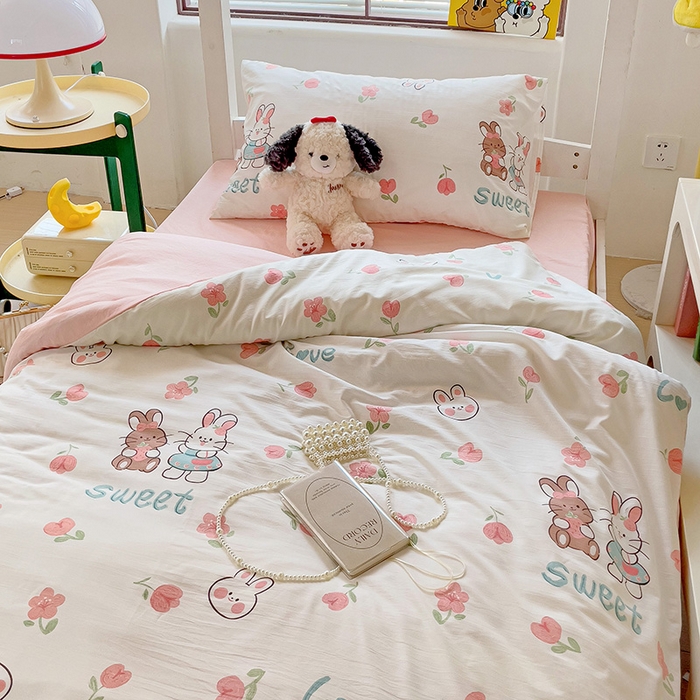 91家纺网 家纺一手货源 找家纺 海岛哥哥 2025新款云朵水洗棉学生床宿舍上下铺三件套 粉花兔