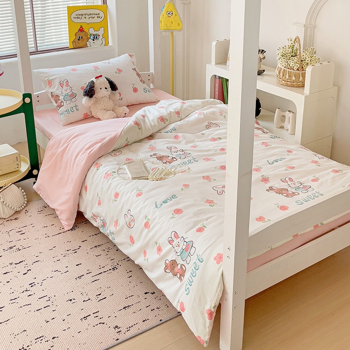 91家纺网 家纺一手货源 找家纺 海岛哥哥 2025新款云朵水洗棉学生床宿舍上下铺三件套 粉花兔