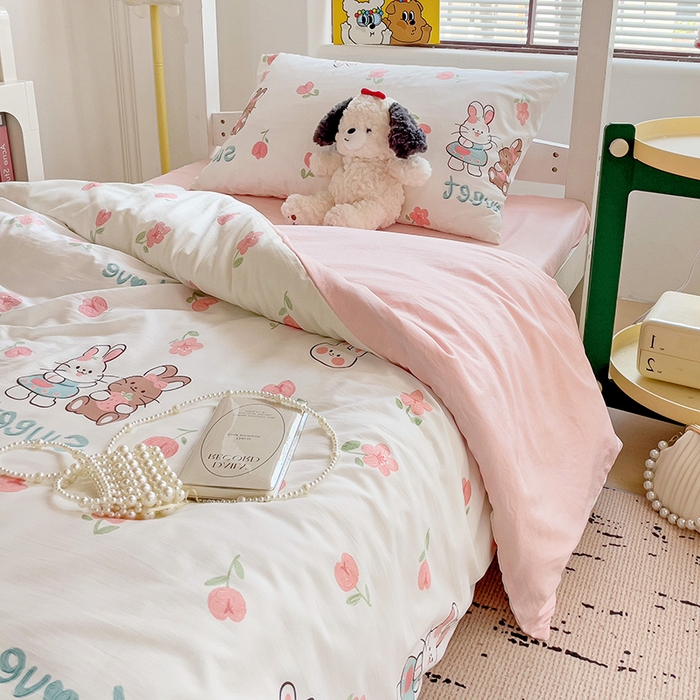 91家纺网 家纺一手货源 找家纺 海岛哥哥 2025新款云朵水洗棉学生床宿舍上下铺三件套 粉花兔