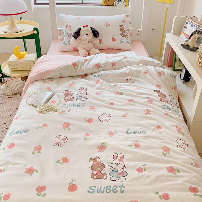 91家纺网 家纺一手货源 找家纺 海岛哥哥 2025新款云朵水洗棉学生床宿舍上下铺三件套 粉花兔