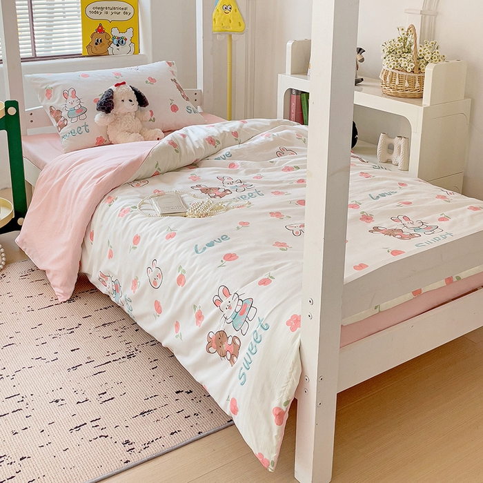 91家纺网 家纺一手货源 找家纺 海岛哥哥 2025新款云朵水洗棉学生床宿舍上下铺三件套 粉花兔