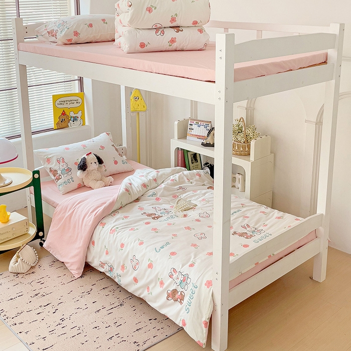 91家纺网 家纺一手货源 找家纺 海岛哥哥 2025新款云朵水洗棉学生床宿舍上下铺三件套 粉花兔